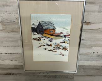 J. Nagel Signed Print – Winter Coastal Scene w/ Boats – Framed 18x14”
