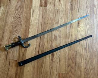 Antique Rifle Bayonet Sword with Scabbard – Brass Pommel, Curved Quillon Guard, Socket Mount