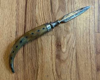 Antique Horn-Handled Dagger / Letter Opener – Spear Point Blade, Decorative Metal Fittings