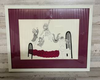 Julie Corsover Signed Print – Children Jumping on Bed – Whimsical Mid-Century Art