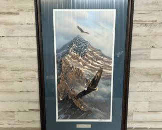 John Kelley “On Freedom’s Wing” Framed Eagle Art Print – Mountain Scene, Signed, 28x17