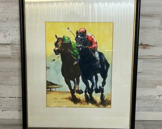 C. Butterfield Original Signed Horse Racing Print – Jockeys in Finish Line Sprint – Framed Art