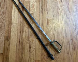 Antique 19th-Century Officer’s Dress Sword with Scabbard – Brass Hilt, Lion Motif Guard, Floral Etching