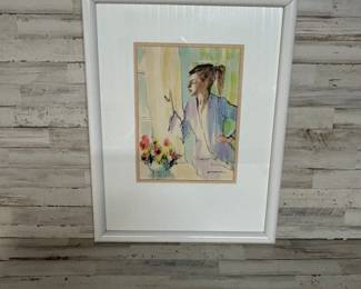 W. Courtland Butterfield Signed Print – Woman by Window with Flowers – Vintage Framed Art