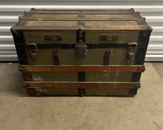 Antique Steamer Trunk – Early 1900s Flat-Top Travel Chest with Wood Slats & Brass Hardware (32” x 16”)