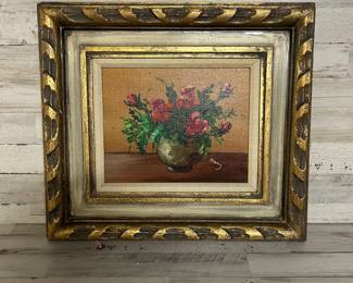 Vintage Floral Oil Painting Signed Mary – Gold Gilt Ornate Frame 16x14”