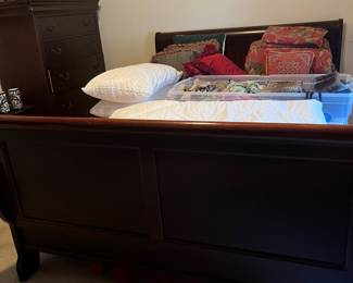 Bassett Sleigh bed and Q Mattress,& Bassett Tall matching Dresser