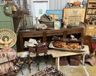 Antique gathering baskets and 'noodle' benches
