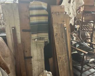 Variety of wood and Red Wing pottery