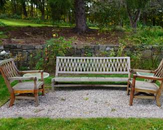 Large teak outdoor garden bench and set of chairs