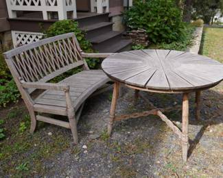 Teak bench and round table