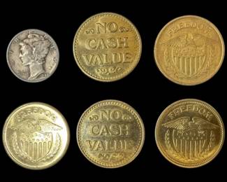 5 Arcade Tokens 1 Mercury Dime