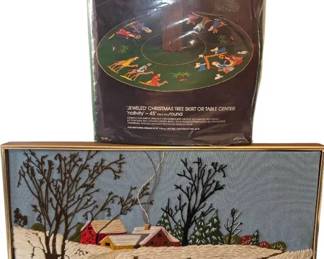 Vintage Framed Winter Crewel Wall Art Bucilla Tree Skirt Kit Nativity SEALED