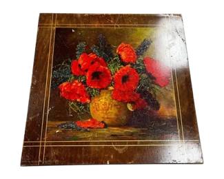 Antique M. Streckenbach Folding Table W Still Life Painting Of Poppies In A Vase