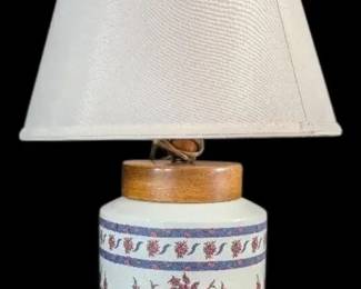 Ceramic Floral Table Lamp With Wood Accents