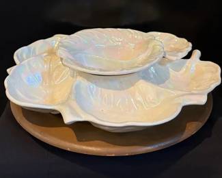 Vintage 1965 Lazy Susan With Three Piece Handpainted Pottery Appetizer Dishes With Pearlescent Glaze