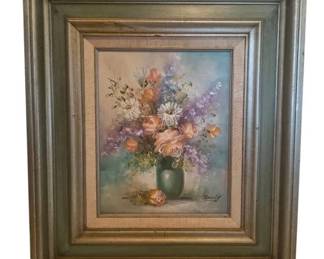 Vintage Floral Painting Oil On Canvas Signed Emily
