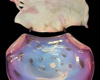 Murano Pink Glass Dish W Bubble and Pink Stone Leaf Dish