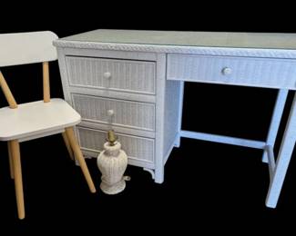 White Faux Wicker Glass Top Desk with Chair Lamp