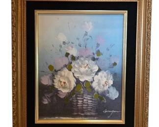 Vintage Floral Painting With Black Velvet Matte Signed Granger