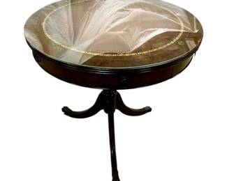 28x28 Vintage Mahogany Duncan Phyfe Style Drum Table W Glass Top Gold Detailing