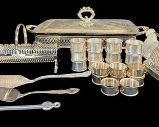 Silver Plated Casserole Dish, Silver Toned Napkin Rings, and More
