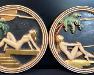 Two Plaster Art Deco Plaques, Hand Painted
