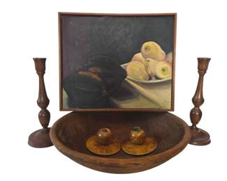 Squash Pears Still Life Oil Painting In Handmade Frame, Primitive Wood Bowl Wood Candleholders