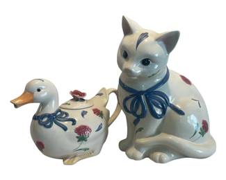 Lenox Poppies On Blue Duck Teapot and Kitten Cookie Jar