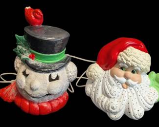 Vintage Ceramic Santa Snowman Heads, Lights Up