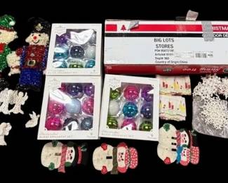 Christmas Lot W Light Up Tree, Glass Ornaments, and More