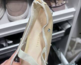 Loeffler Randall Beige Mesh Pearl Flats – Feminine Ballet Shoes, Elegant Crystal Embellished Design