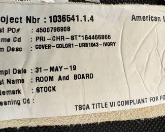 Room & Board Chair Label – American Leather Manufacturing Details and Ivory Finish