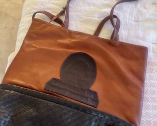 Vintage Two-Tone Leather Tote – Brown & Black Woven Design, Large Carryall Purse with Woven Detail