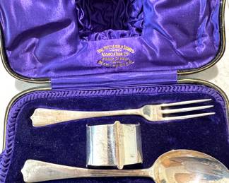 Antique Silver Baby Spoon and Fork Set with Napkin Ring – Velvet Presentation Box Manchester England