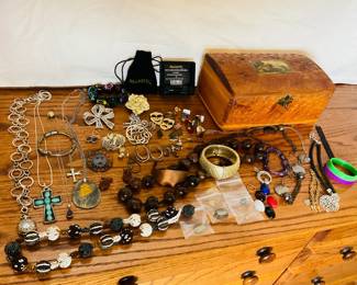 Wooden Jewelry box and contents
