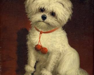Lot #92 Maltese Dog w/Red Pom Pom balls. Attributed to Karl Reichert