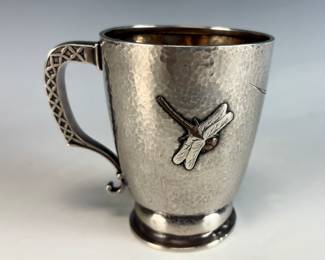 Lot# 126A. Tiffany & Company Sterling mixed metals handled cup with gold dragonfly.