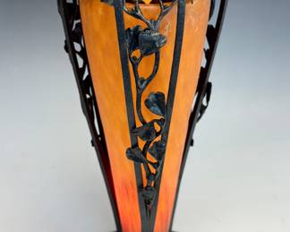 Lot # 100A Signed Daum Nancy mottled glass & iron fancywork lamp.