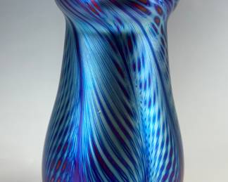 Lot # 43 Signed David Cotton Magnificent Blue Swirl Iridescent Vase