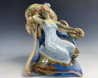 Lot #164a Large Amphora Art Nouveau Seated Lady signed Stellmacher.