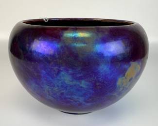 Lot #106 Zsolnay Eosin blue & silver highlights bowl. Signed with the raised coin seal