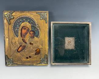 Lot # 186 Russian Silver & Enamel Oklad Icon. With small silver icon