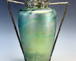 Lot #161 Palme Konig Art Nouveau large Glass & Bronze Vase