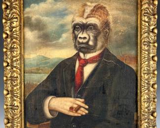 Lot # 142 Antique "Monkey Man" oil painting.