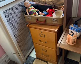 Wooden File Cabinet and vintage luggage