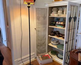 Dishware, entertainment ware, wooden plates and floor lamp