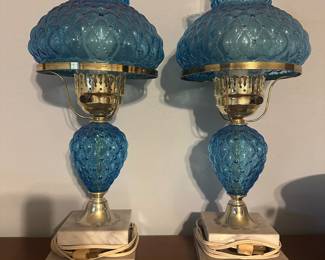 Marble Base blue Hurricane Boudoir Fenton? Quilted Pattern Lamps          