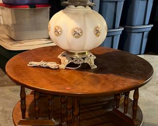 Ethan Allen Round Side Table; Hand Painted Lamp