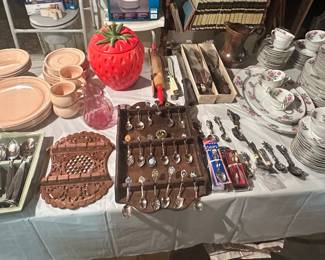 Designed for Mikasa by Bob Van Allen Peach Pastels Dinnerware Set; Flatware; Collectors Spoons; Noritake Linda 507 China; Ceramic Strawberry Cookie Jar; Knives